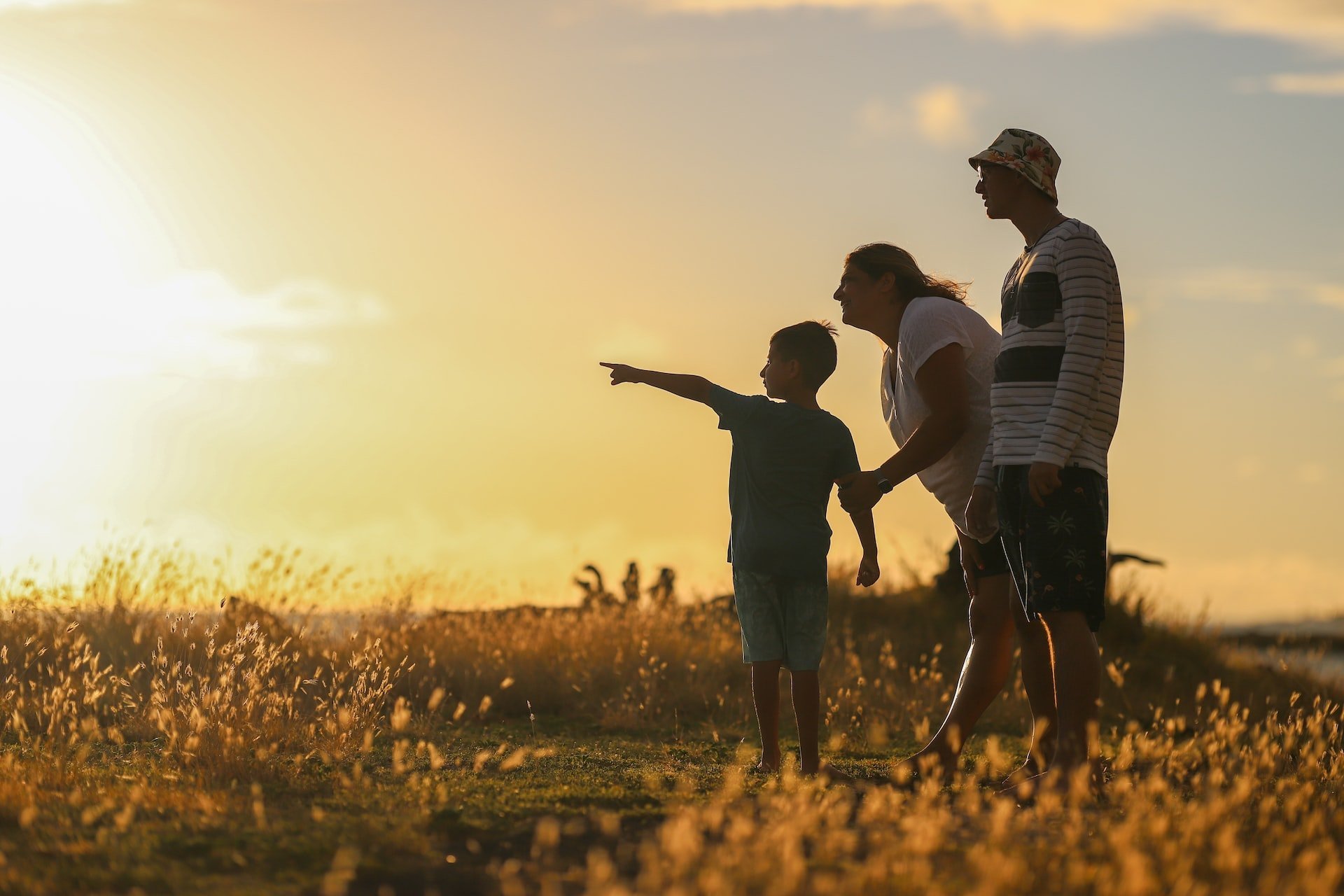 Adoptive parents and adopted child looking at sunset in a field